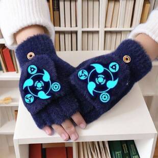 夜光儿童手套翻盖男童秋冬动漫半指羊绒加厚可爱小学生女保暖露指