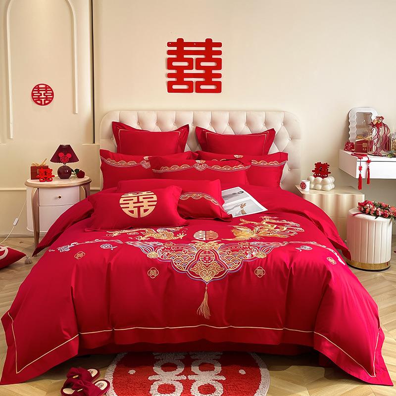 高档结婚被套四件套被磨毛床单龙凤喜床上用品大婚庆棉红色刺绣