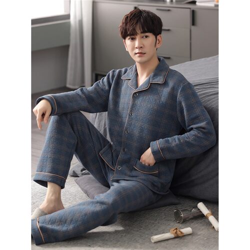 空气棉睡衣男士秋冬季加厚纯棉夹层长袖大码可外穿家居服