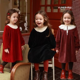 女童圣诞新年经典丝绒法式蕾丝花边领连衣裙宝宝秋冬生日公主裙潮