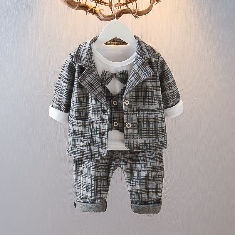 男宝宝三件套婴儿童洋气格子西服男童秋季套装春秋小童0一1-2-3岁