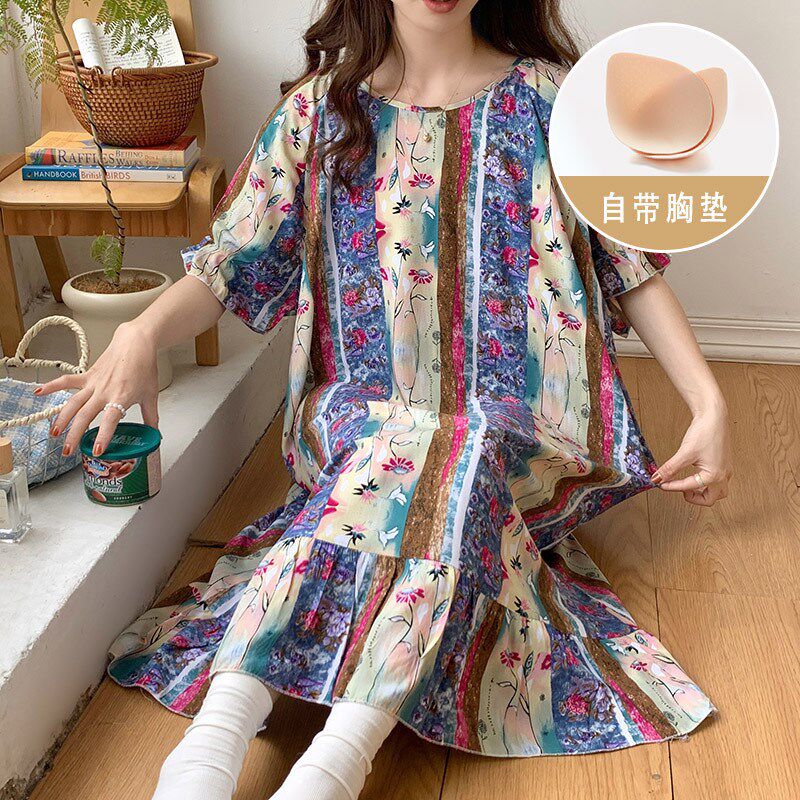2024新款睡裙女春夏季带胸垫绵绸睡衣夏天女士R棉绸免穿内衣家居