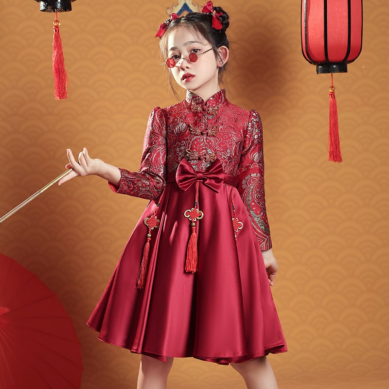 女童旗袍红色中国风儿童新年礼服公主裙女宝宝中式唐装拜年服秋冬