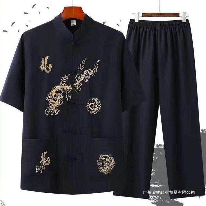 中国风唐装男中老年人冰丝绸爸爸夏装爷爷短袖运动套装夏季老人