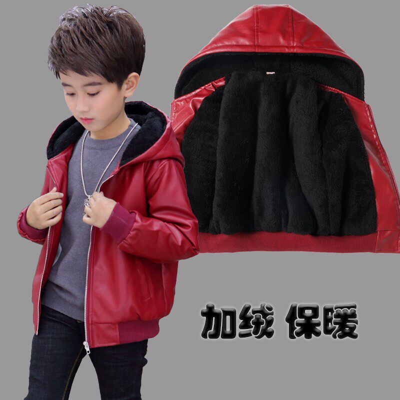 男童皮衣外套秋冬2020新款儿童男孩PU皮夹克加绒宝宝连帽厚外衣潮