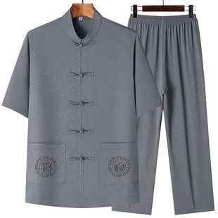 新中式爸爸夏季套装中老年人夏装男唐装婚宴国风爷爷短袖两件套