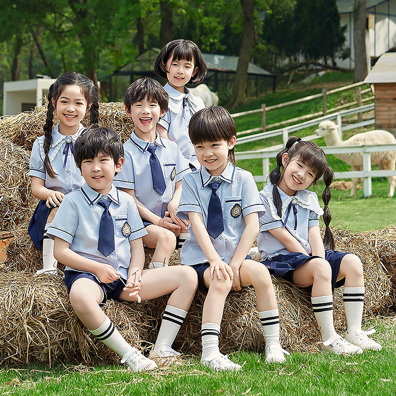 幼儿园园服夏装蓝色衬衫套装小学生英伦风校服儿童毕业照运动班服