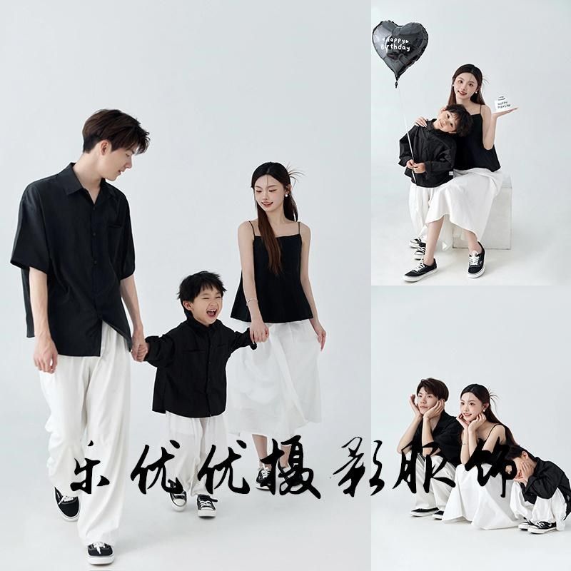 黑色系亲子主题全家福摄影服装家庭装三口装影楼拍照亲子衣服套装