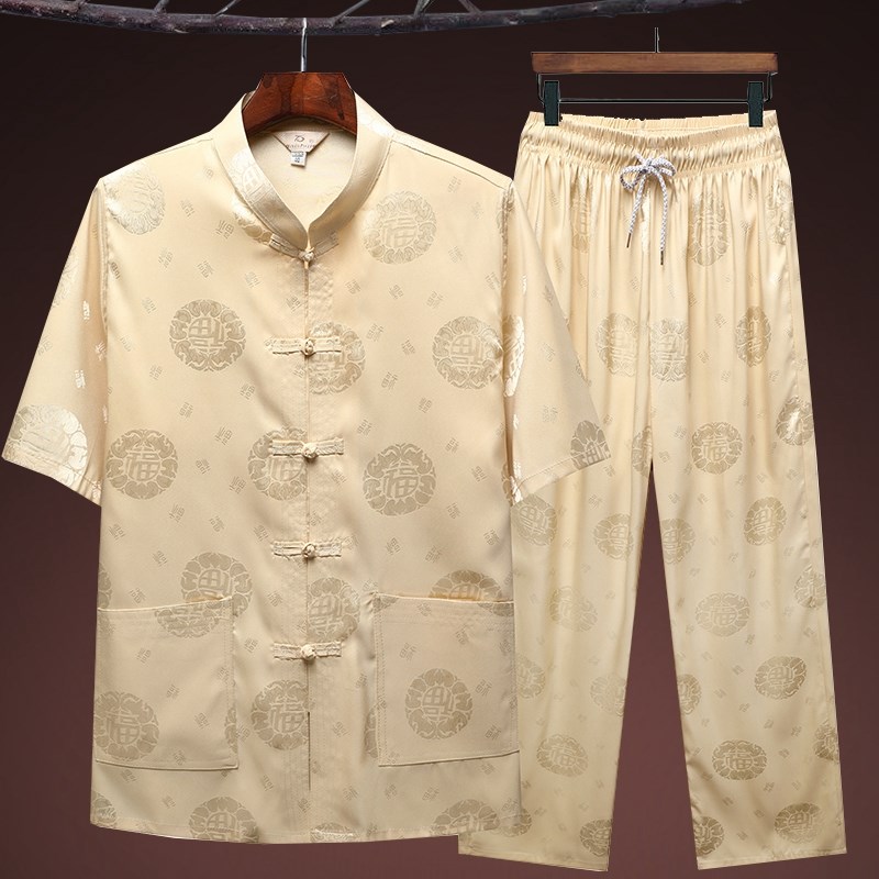 老人唐装男冰丝短袖夏季中老年过寿生日衣服爷爷装中国风爸爸套装