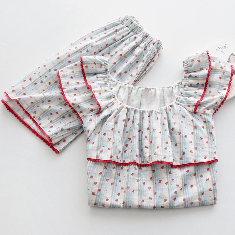 甜美荷叶花边小飞袖睡衣女夏季纯棉纱布薄款吊带短裤家居服套装