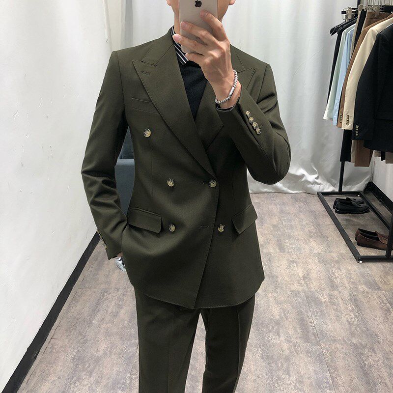 新款时尚商务休闲秋季西服套装男双排扣韩版修身青年纯色西装正装