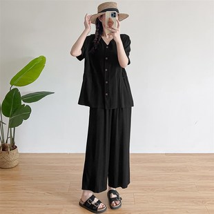 套装 V领短袖 女夏季 宽松大码 上衣妈妈人造棉家居服 薄款 棉绸阔腿裤