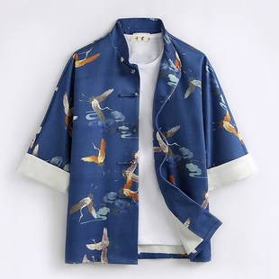 衬衫男中袖夏季国潮印花仙鹤衬衣唐装男国风潮牌复古中式盘扣上衣