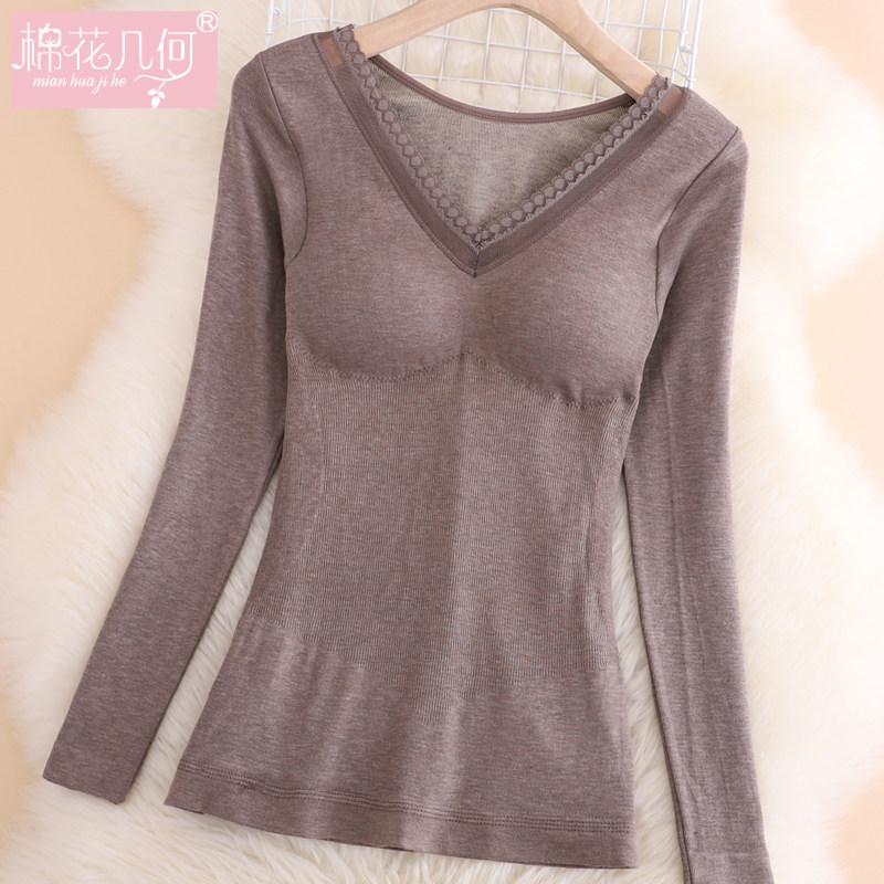 带胸垫保暖内衣女蕾丝长袖低领美体D紧身发热秋衣加绒加厚单件上