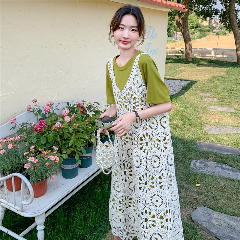 设计感蕾丝镂空叠穿连衣裙两件套女夏季2025新款减龄套装裙t恤裙