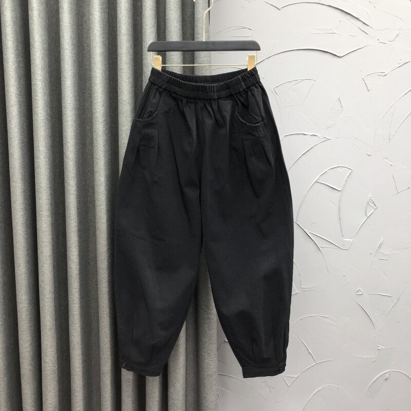 黑色松紧腰休闲哈伦牛仔裤女2025春季新款时尚宽松束脚九分老爹裤