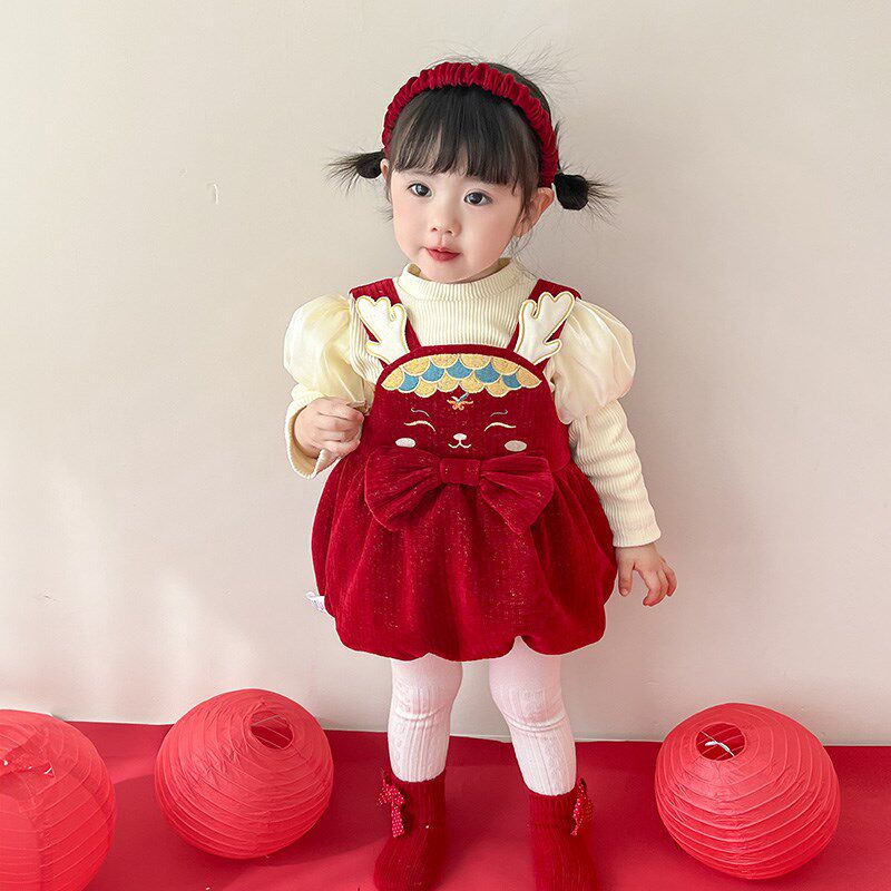 女童连衣裙两件套加绒打底衫新年周岁送礼国潮宝宝冬装外出服童装