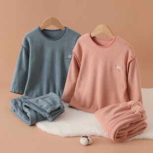 秋冬季刺绣摇粒绒儿童家居套装长袖长裤男女童居家睡衣插肩袖宽松