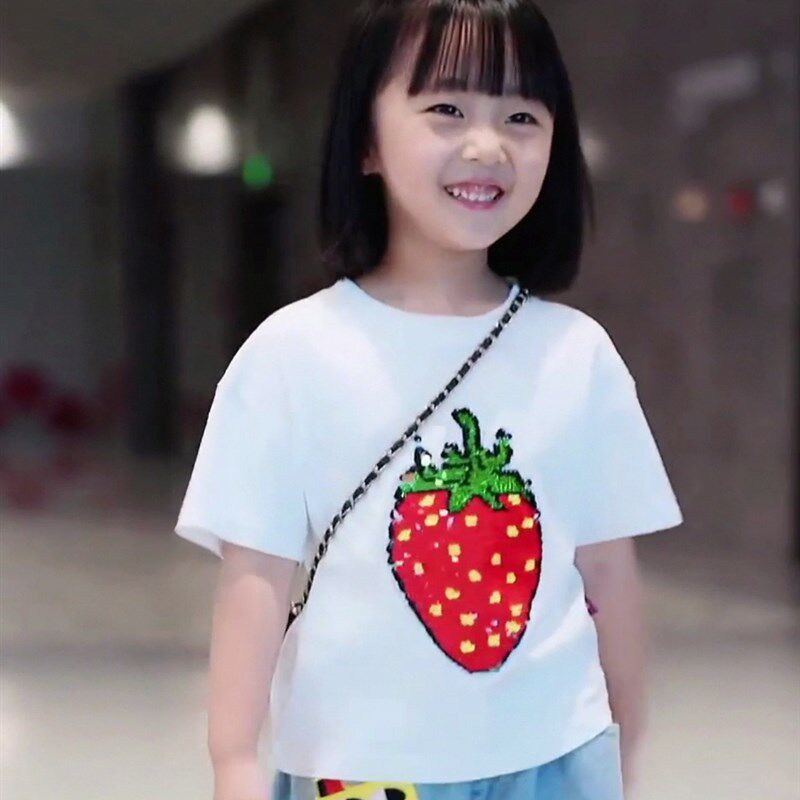 亮片衣服夏季女童变色短袖上衣儿童夏装草莓半袖t恤纯棉西瓜圆领