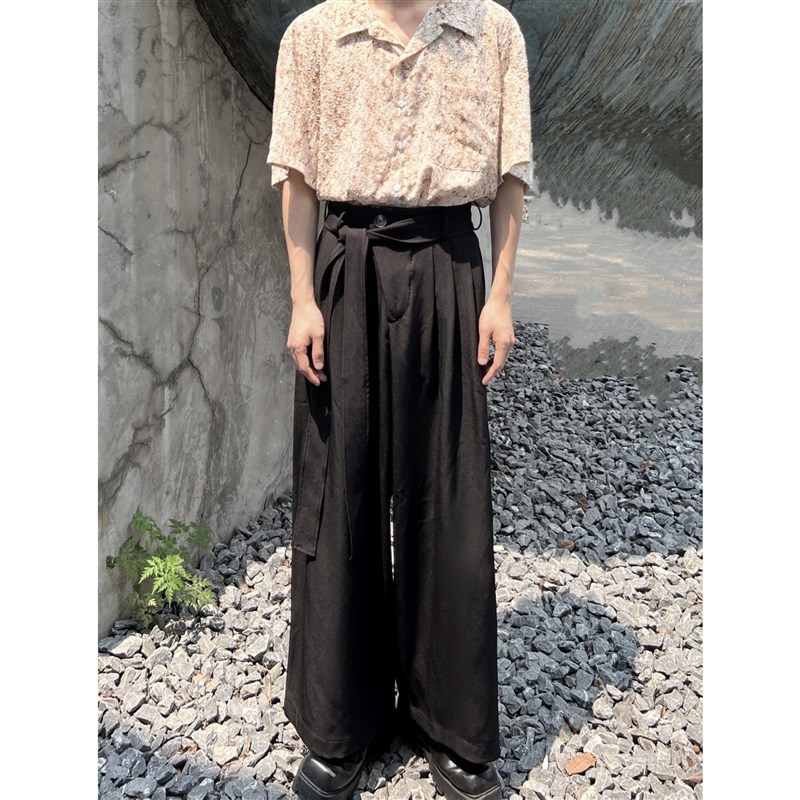 雨东林/韩系设计感绑带西裤男宽松休闲垂感高腰直筒阔腿西装长裤