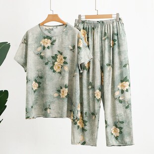 棉绸2025夏季套装女薄款短袖上衣直筒裤两件套妈妈人造棉大码睡衣
