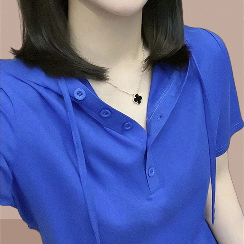 2024夏季新款纯棉短袖t恤女连帽洋气小衫小个子短款休闲上衣胖mm