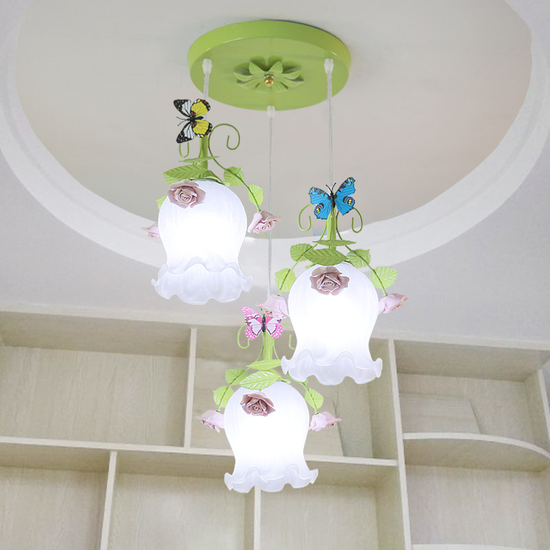简约现代田园花草灯具铁艺轻奢过道饭厅灯饰玫瑰玻璃餐厅三头吊灯,家装灯饰光源,餐厅吊灯,淘宝优惠券,粉丝福利购,淘宝优惠卷