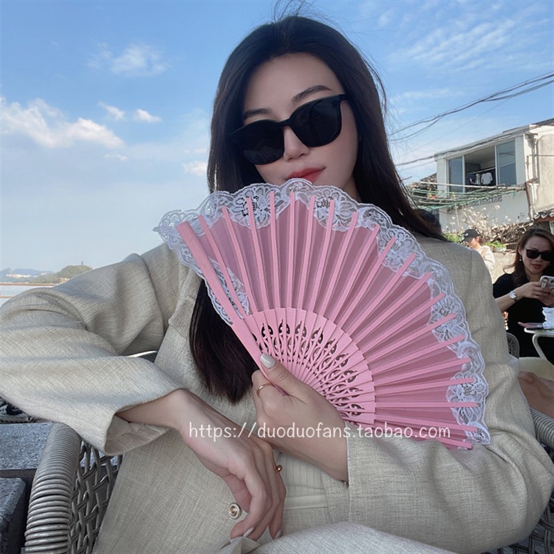 汉服国潮蕾c丝扇木质扇旗袍扇舞蹈扇古风白扇子粉扇子少女心复古