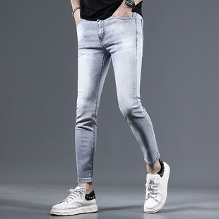 夏季薄款九分牛仔裤男修身小脚裤浅蓝色弹力休闲男士裤子9分夏天