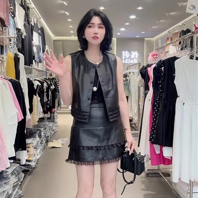 蕾丝拼接皮裙两件套女欧货2025夏季新款马甲+显瘦百搭半身裙套装