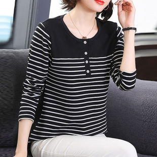 条纹上衣大尺码 秋衣女薄款 T恤女新款 中老年妈妈长袖 洋派小 打底衫