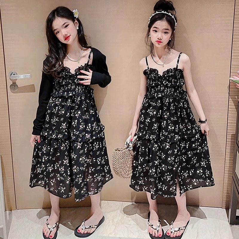 女童吊带裙夏季套装2024新款夏装洋气儿童夏天碎花裙女大童连衣裙