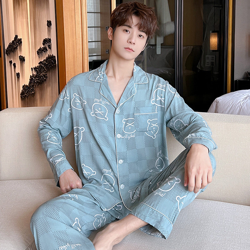 2024新款春秋季大码男人造棉绸家居服夏天N开衫长袖男绵绸睡衣套