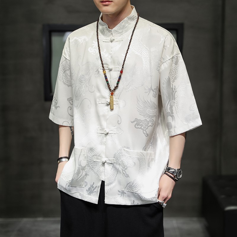中国风男装冰丝短袖衬衫男夏季冰丝禅意太极服盘扣唐装汉服薄外套