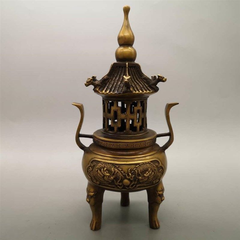 纯铜塔炉仿古炼丹炉双龙戏珠熏香炉象炉家居三体香薰用品大号黄铜,家装灯饰光源,商用吊灯,淘宝优惠券,粉丝福利购,淘宝优惠卷
