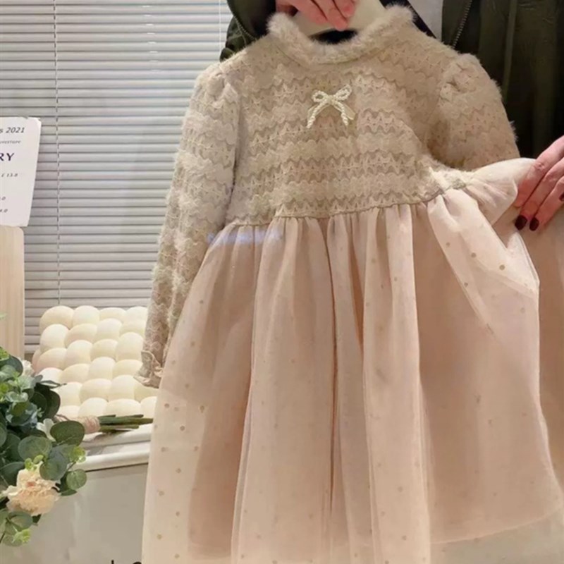 2023时髦女童洋气加绒网纱连衣裙宝宝秋冬季新款礼服蕾丝裙公主裙