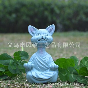 独立站 冥想打坐猫 动物雕像坐禅猫花园装饰工艺品摆件雕塑