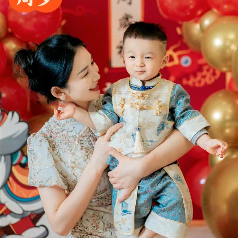 宝宝周岁礼服男春季唐装夏真丝薄款中式套装抓周唐装婴儿周岁冠衣