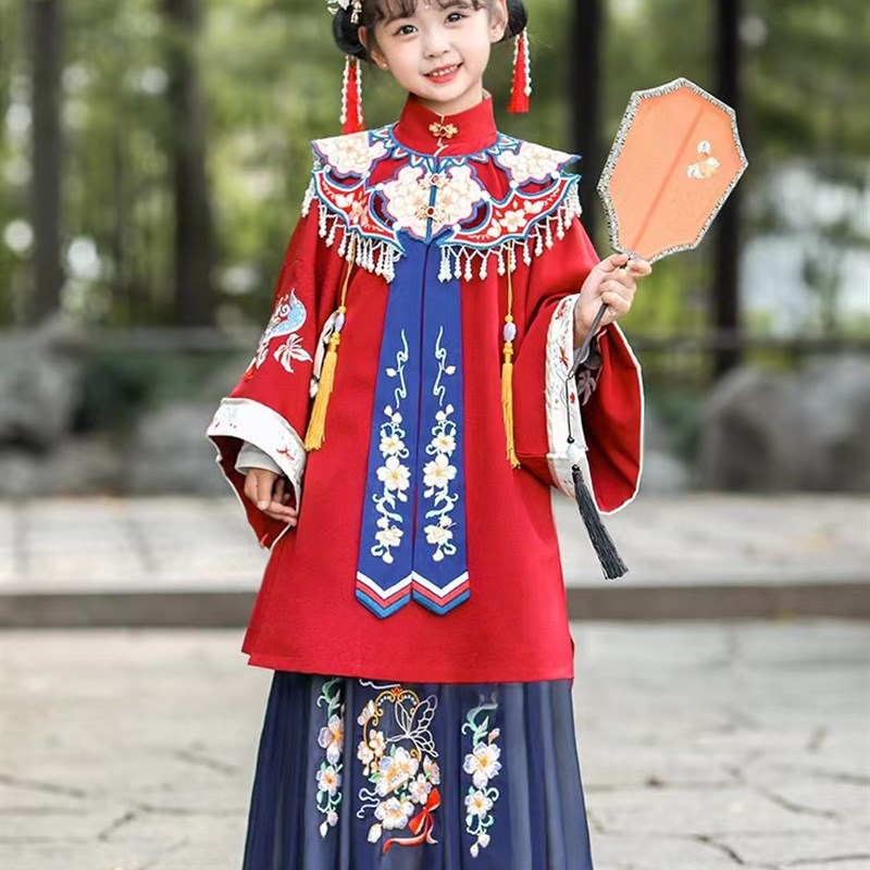 女童汉服儿童礼服华服明制云肩摄影表演服装大红色民族重工艺亲子