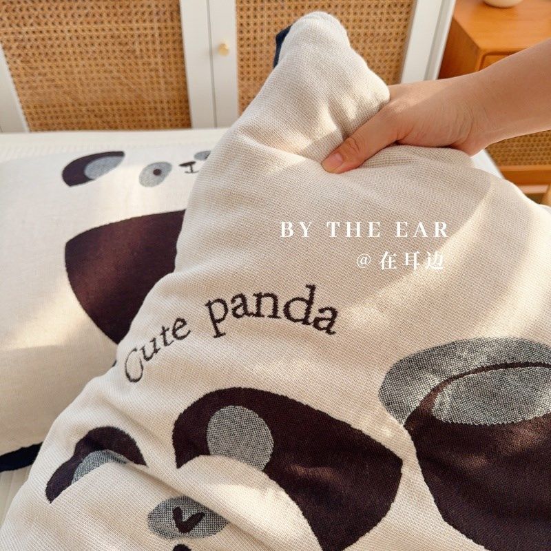 熊哆哆可爱卡通色织全棉枕巾纯棉纱布L透气防头油枕头巾一对装