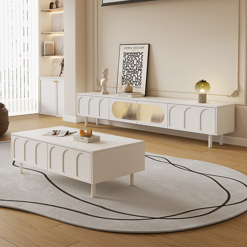 奶油风落地电视柜现代简约v客厅储物柜家用小户型茶几电视机柜组