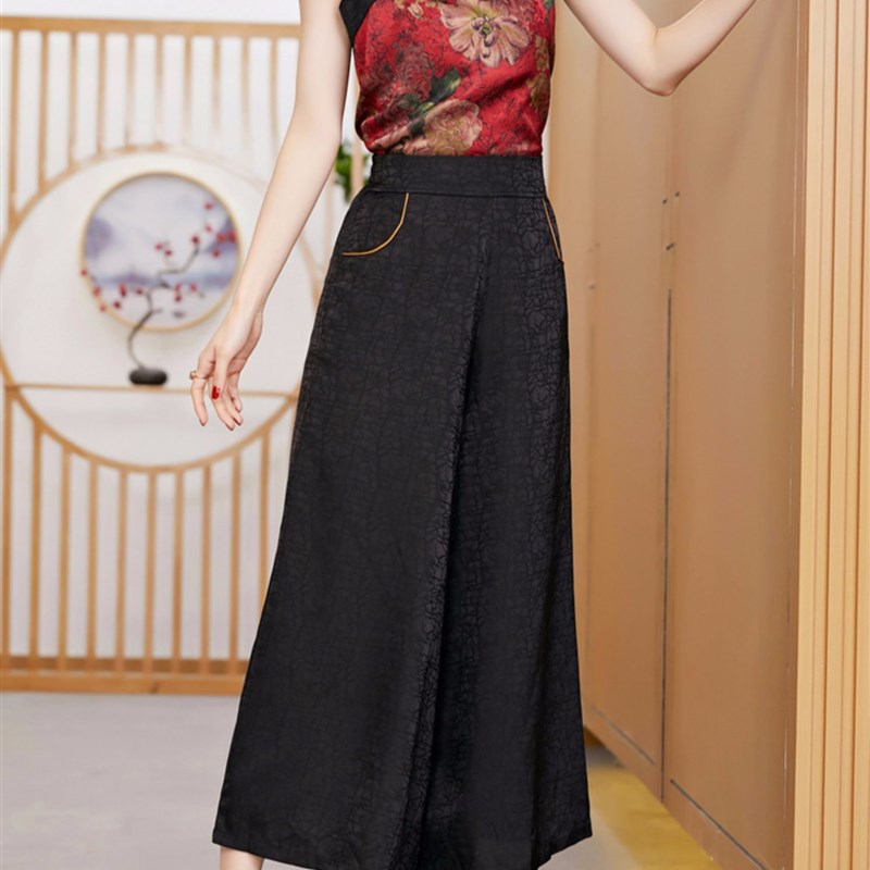妈妈装垂感高腰显瘦黑色宽松龟纹阔腿裤女九分裤大码春夏小脚裤子