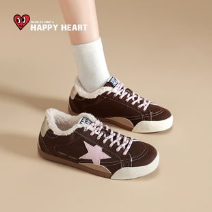 查尔斯桃心复古星星鞋女2025冬季新款棕色加绒保暖运动板鞋子棉鞋