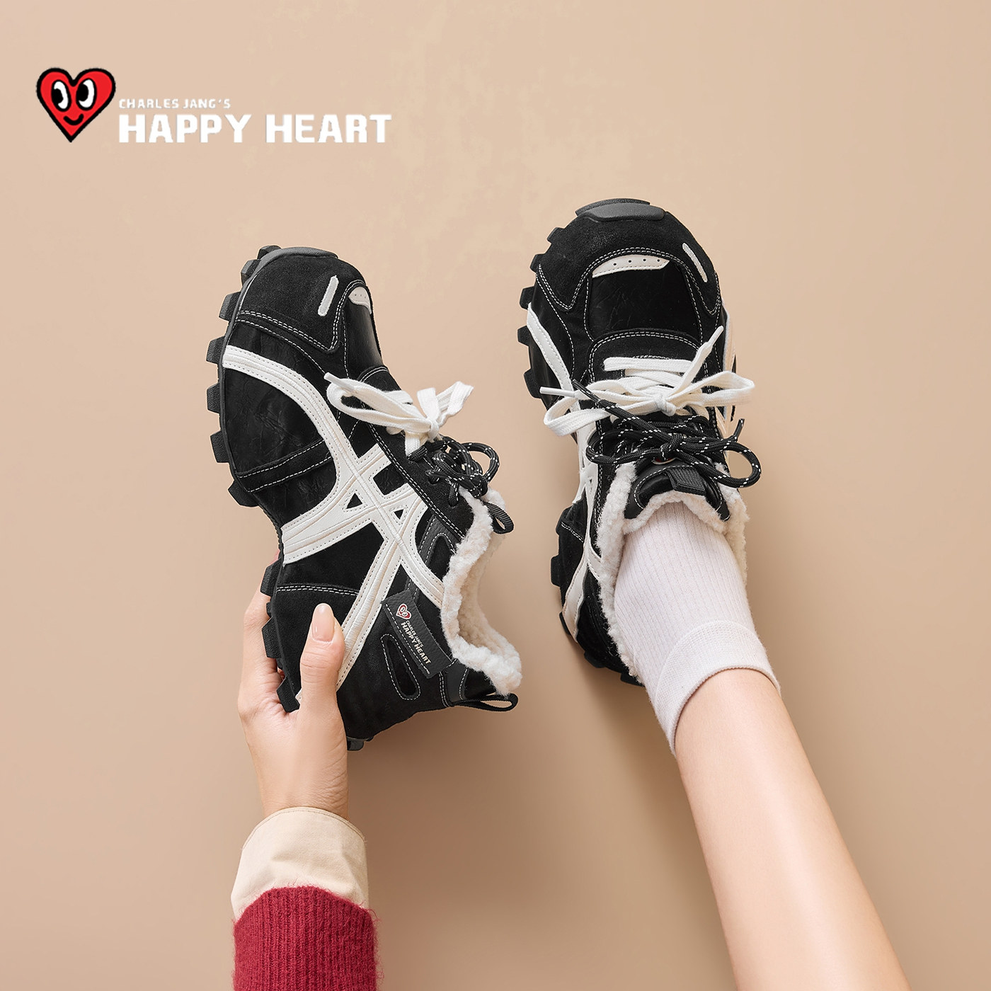 查尔斯桃心黑色老爹鞋女2025冬季加绒加厚运动鞋休闲厚底增高女鞋,女鞋,老爹鞋,淘宝优惠券,粉丝福利购,淘宝优惠卷