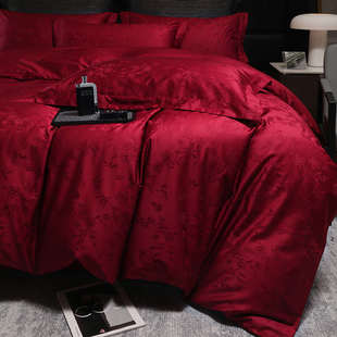 轻奢风婚庆四件套100S长绒棉提花被套酒红色纯棉床单结婚床上用品