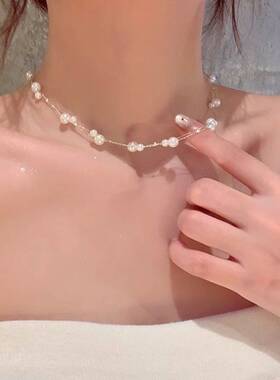 韩系双层珍珠满天星项链女感轻奢小众颈链配饰锁骨链choker