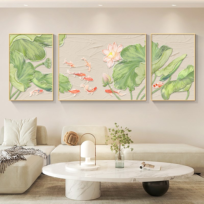 荷花九鱼图壁画客厅挂画现代简约绿色沙发背景墙装饰画新中式油画图片