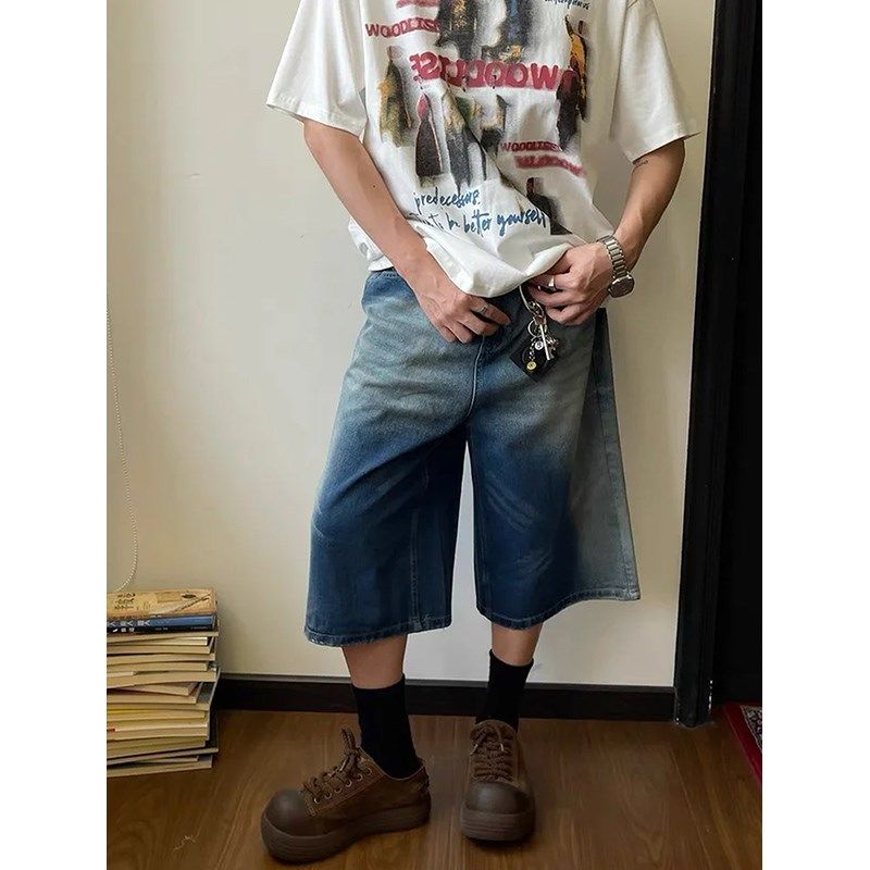 蓝色复古水洗做旧七分直筒牛仔裤男女款夏季宽松休闲美式阔腿短裤