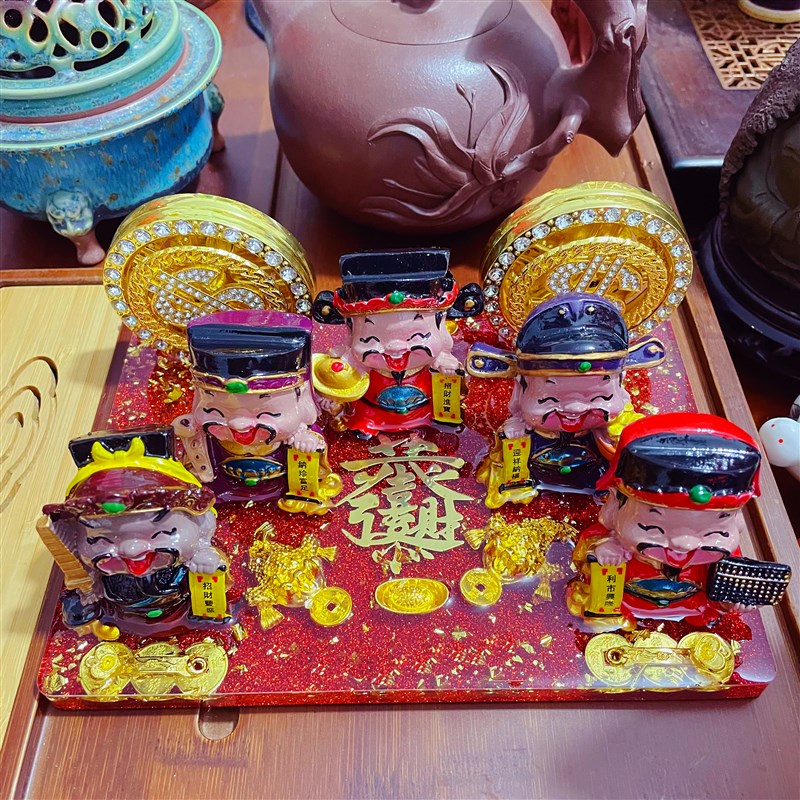 五路财神摆件桌摆茶桌居家饰品时来运转招财进宝滴胶手工办公工位