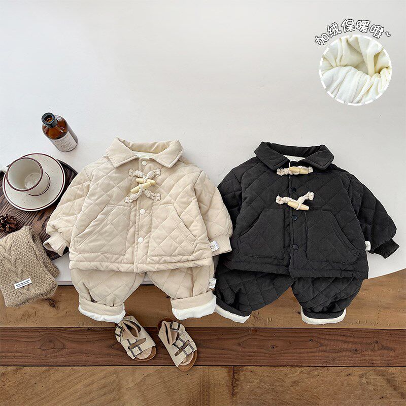 婴儿冬季棉服套装男童夹棉加绒棉衣外套洋气女宝宝加厚保暖裤子潮